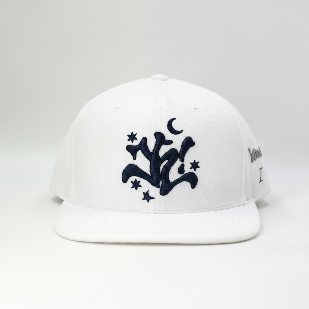White Celestial Floral Embroidered Flat Brim Snapback Cap