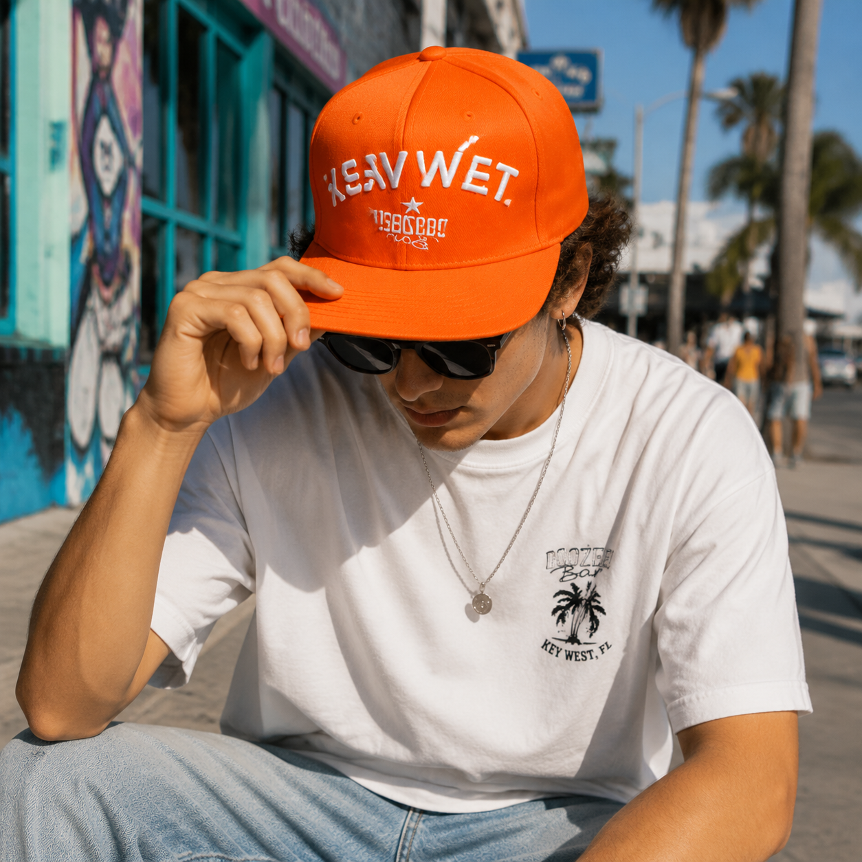 Key West Doozee Bar Orange Embroidered Flat Brim Snapback Cap