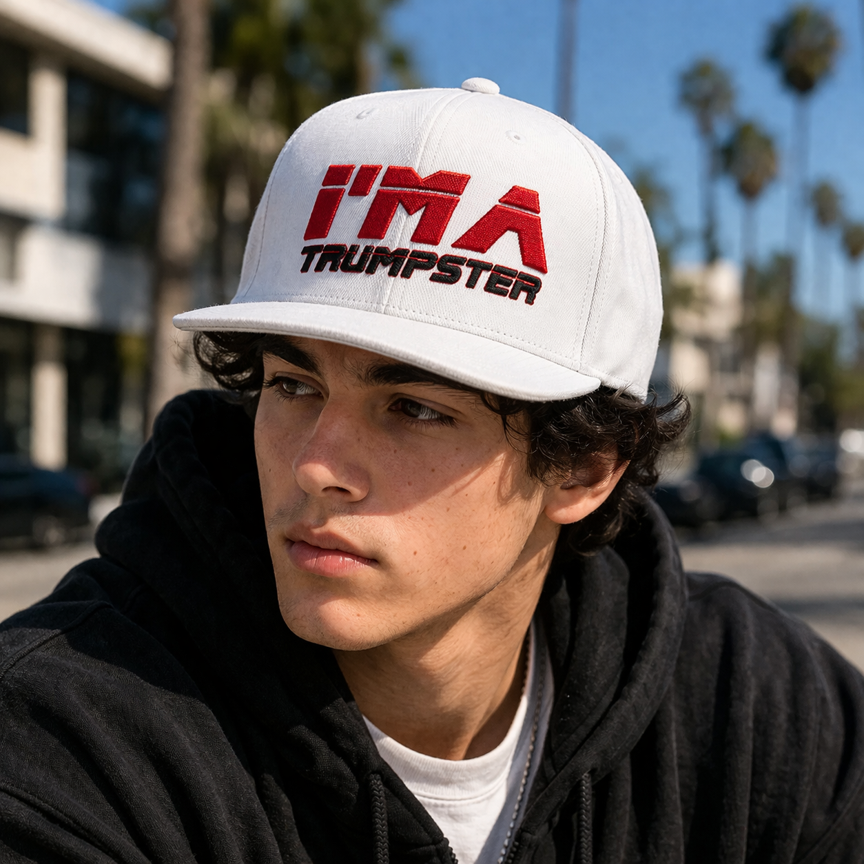 White Flat Brim Snapback Cap with Bold Embroidered Logo