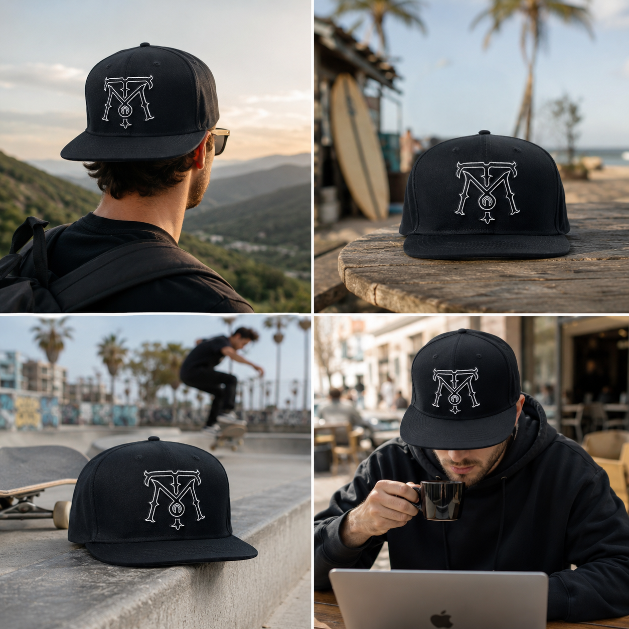 Black Six-Panel Flat Brim Snapback with White Outline Embroidery