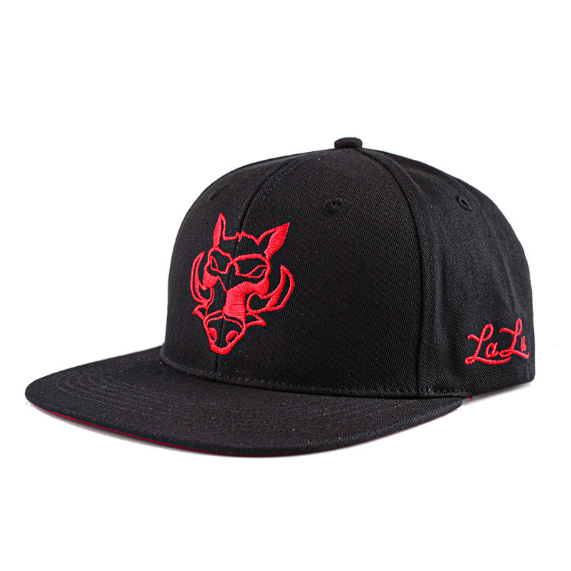 Black Six-Panel Flat Brim Snapback Cap with Red Graphic Embroidery