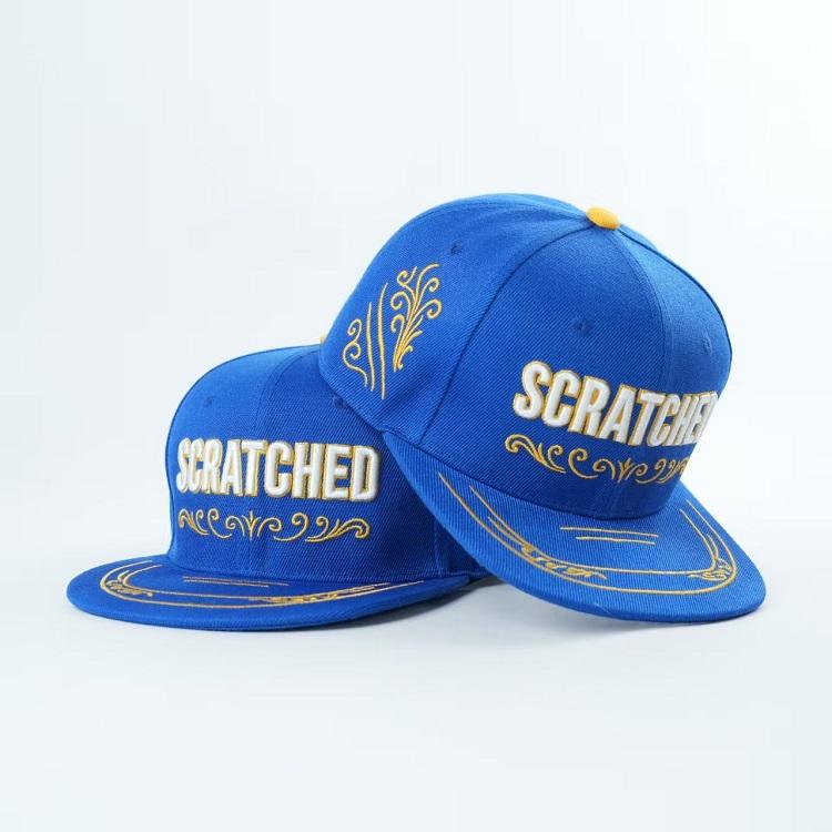 Scratched Blue Embroidered Flat Brim Snapback Hat