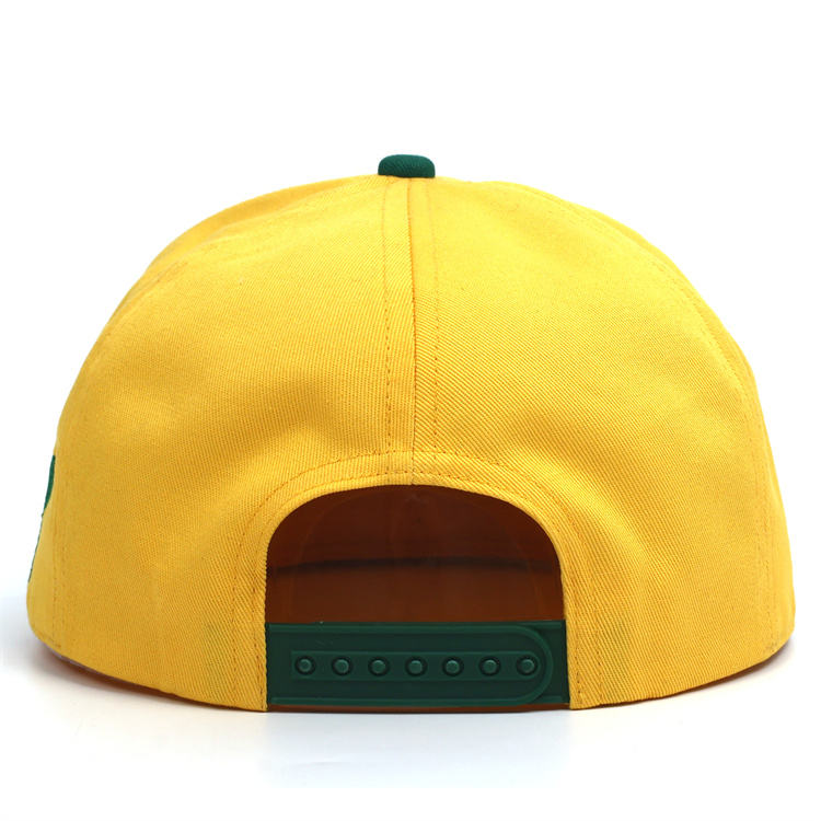 Yellow Flat Brim Snapback Cap with Green Raised Embroidered Logo and Streetwear Style Design