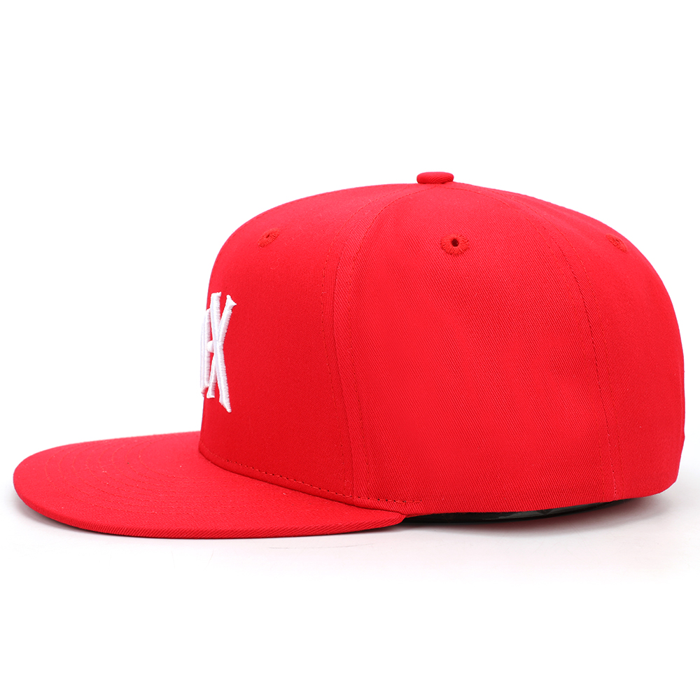 Red 6 Panel Embroidered Flat Brim Snapback Cap