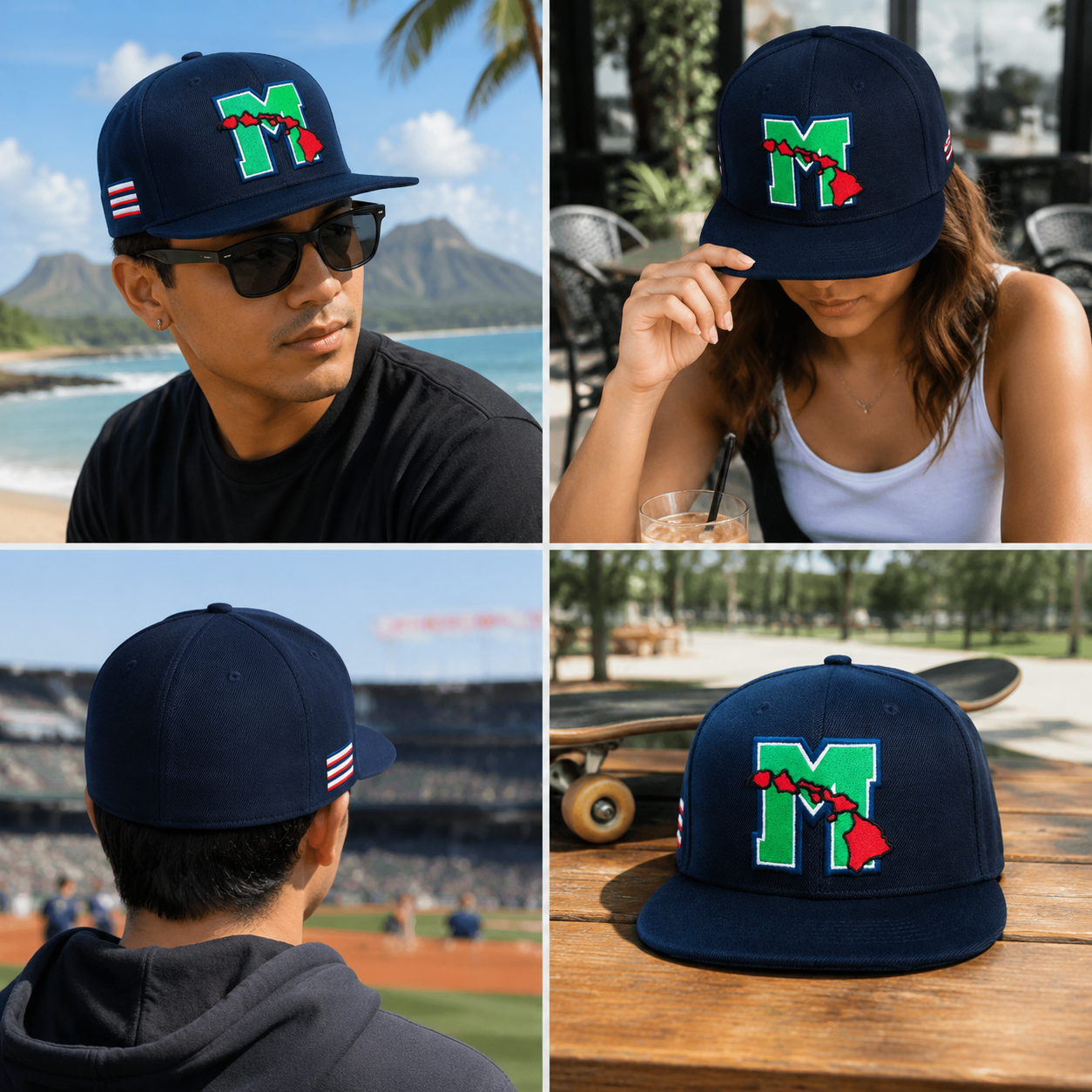 Navy Flat Brim Snapback Cap with Island Letter Embroidery