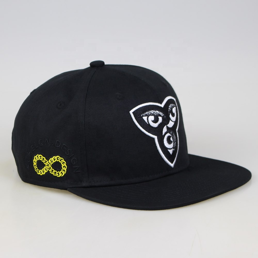 Black Flat Brim Snapback Cap with Abstract Eye Embroidery Logo