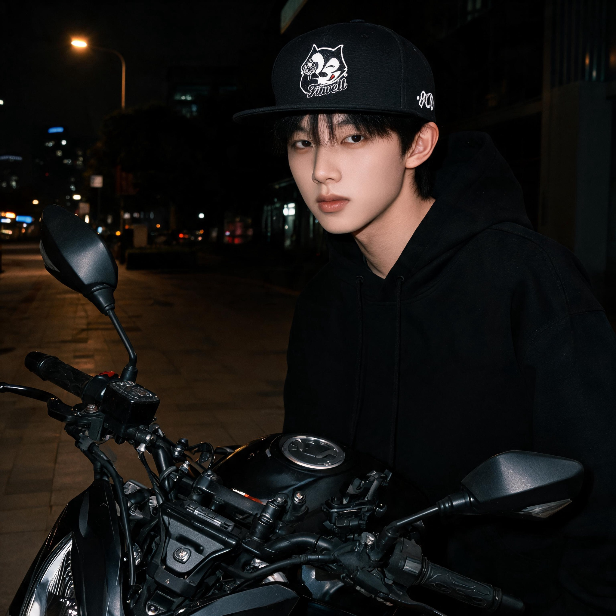 Black Six-Panel Flat Brim Snapback Cap with Front Character Embroidery and Side Number Detail