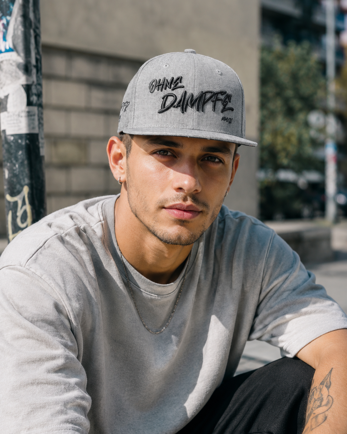 Oh No Damage Gray Embroidered Flat Brim Snapback Hat
