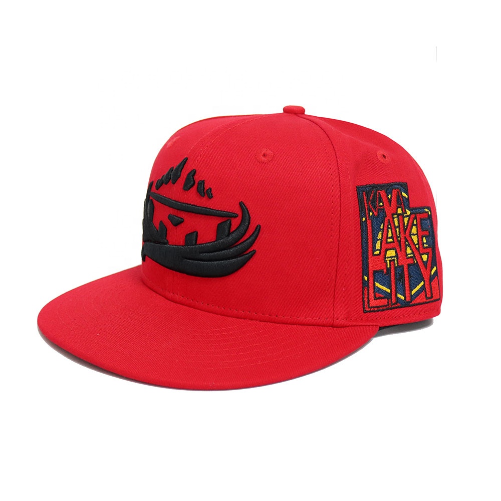 6 Panel Flat Brim Snapback Cap with Raised Embroidered Logo