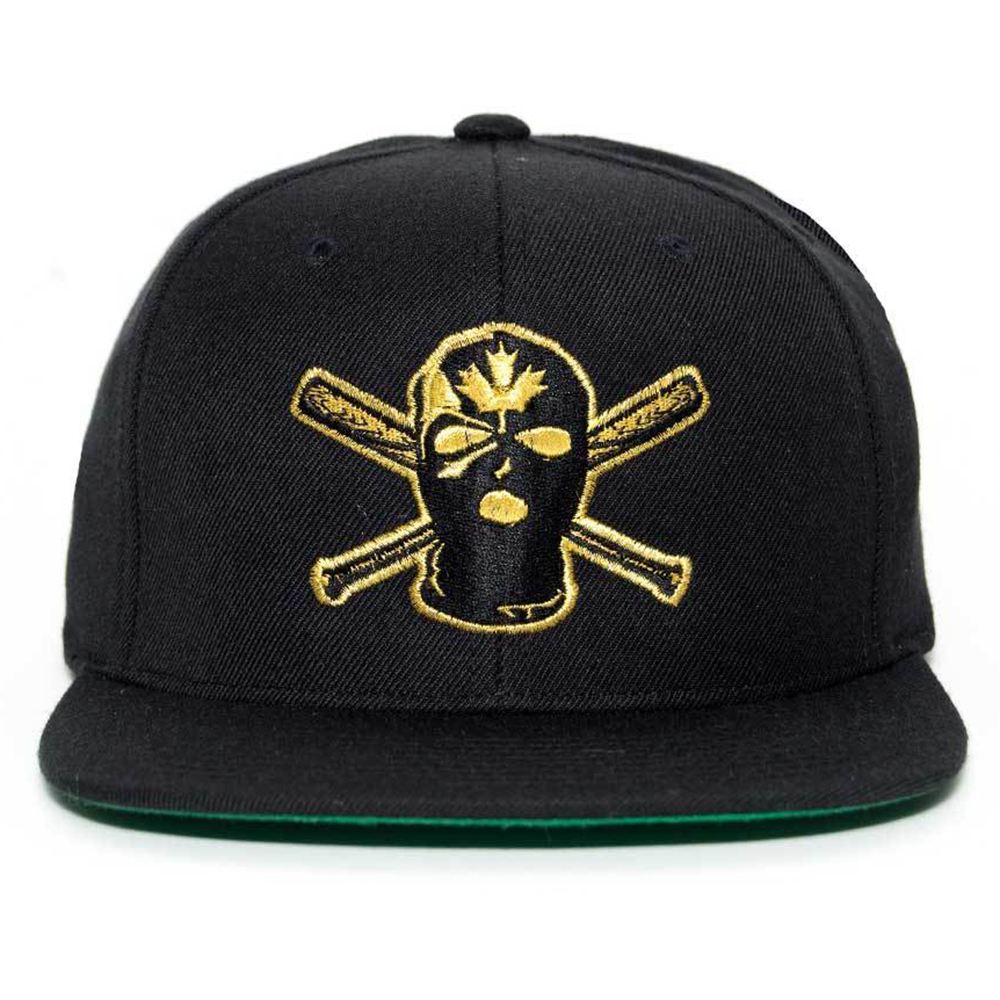Black Flat Brim Embroidered Skull Graphic Snapback Cap
