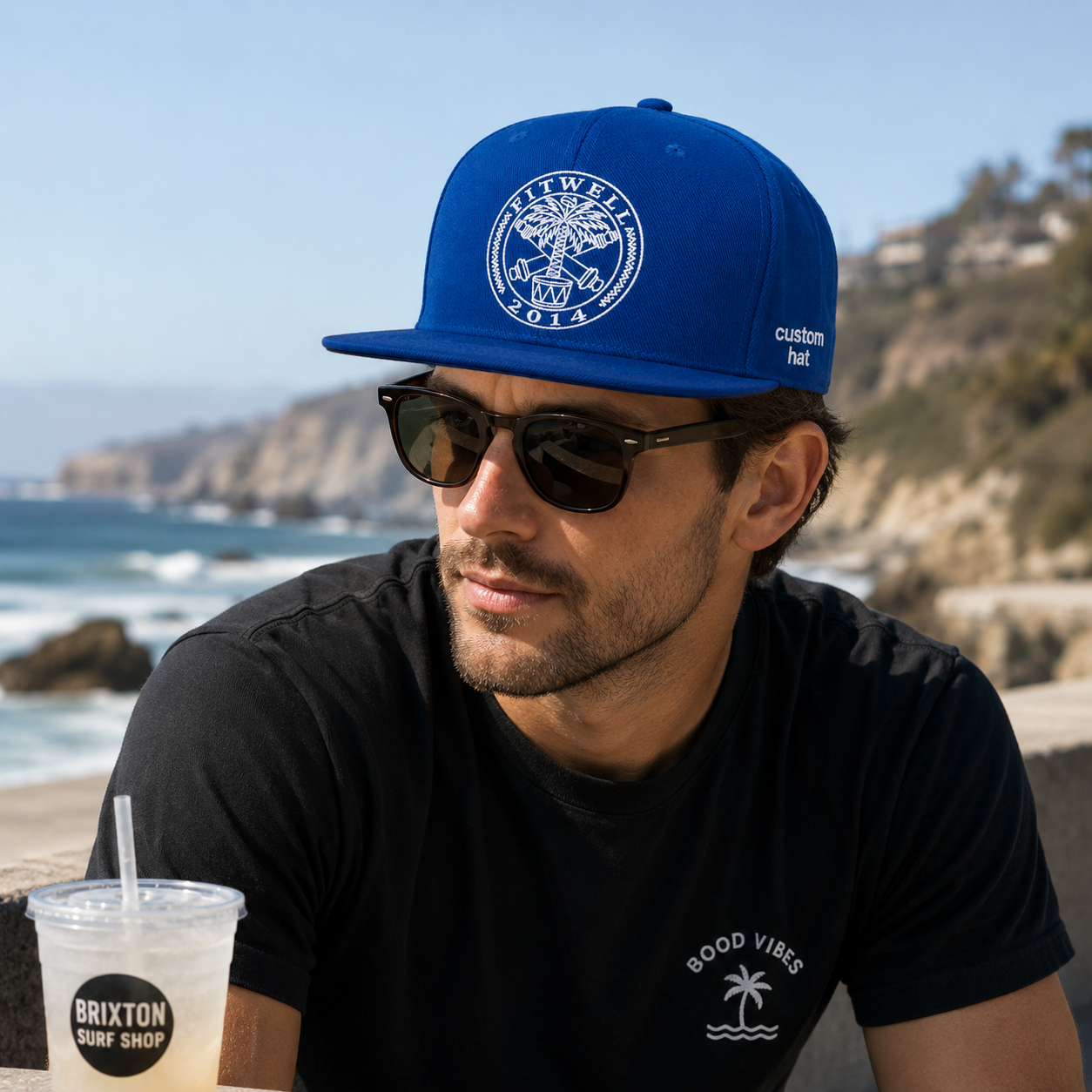 Royal Blue Palm Tree Crest Embroidered Six-Panel Flat-Brim Cap