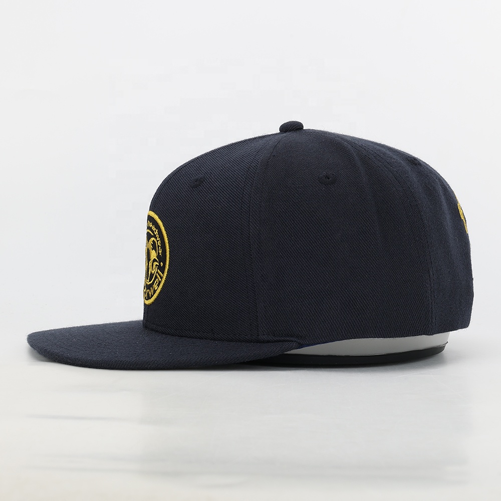 Navy Blue Gold Embroidered Crest Snapback Cap – Streetwear Flat Brim Hat