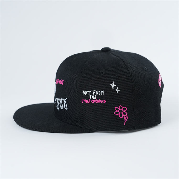 Black Floral Gothic Embroidered Flat Brim Snapback Cap