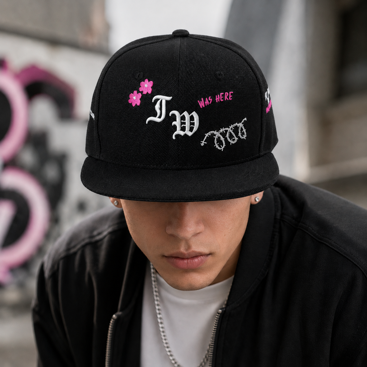 Black Floral Gothic Embroidered Flat Brim Snapback Cap