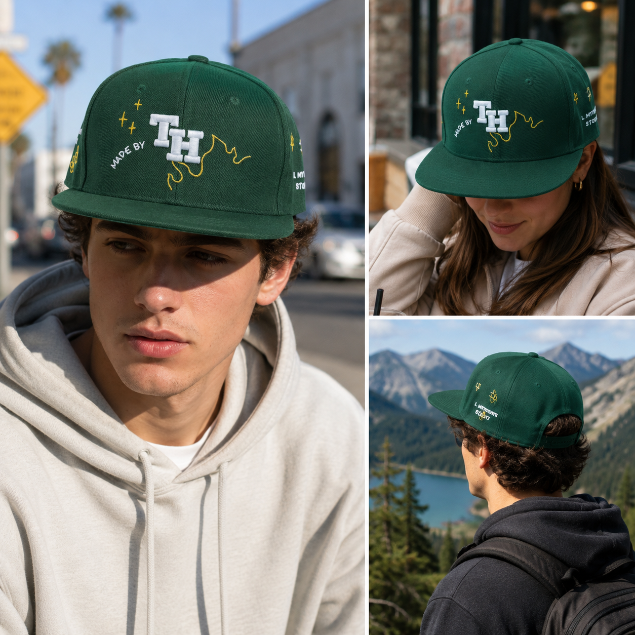 Dark Green Flat Brim Snapback Cap with 3D Letter Embroidery