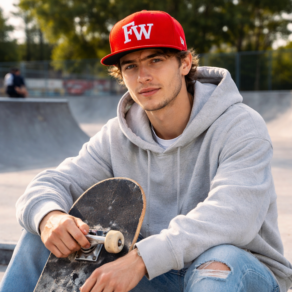 Red Flat Brim 6 Panel Embroidered Logo Snapback Cap