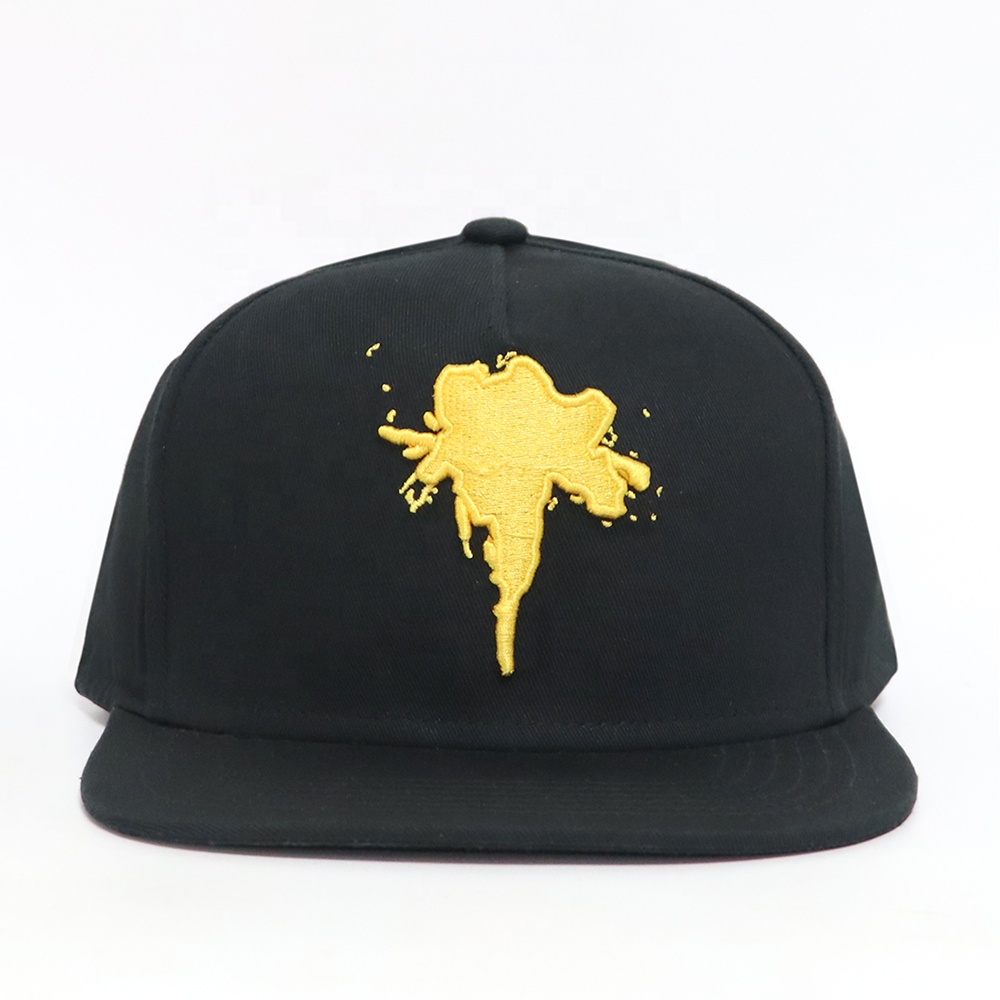 Black Flat Brim Six-Panel Snapback Cap with Yellow 3D Embroidery