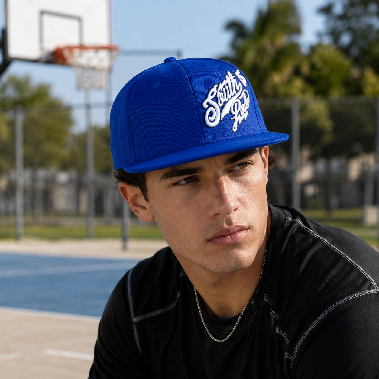 Royal Blue Flat Brim Script Embroidered Snapback Cap