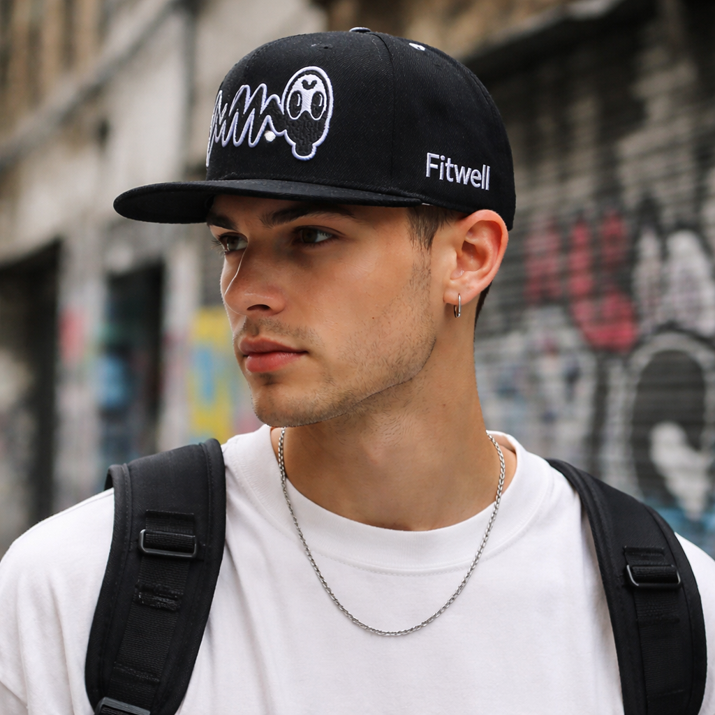 Black 6-Panel Snapback Cap with Graphic Embroidery