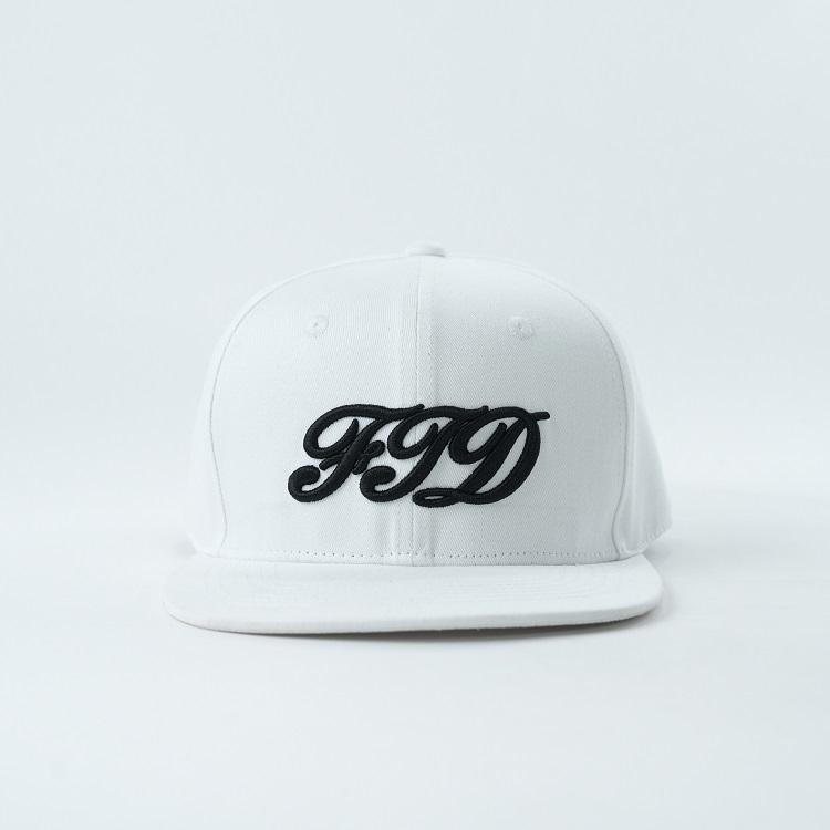 White Flat Brim Snapback Cap with Black Script Embroidered Logo