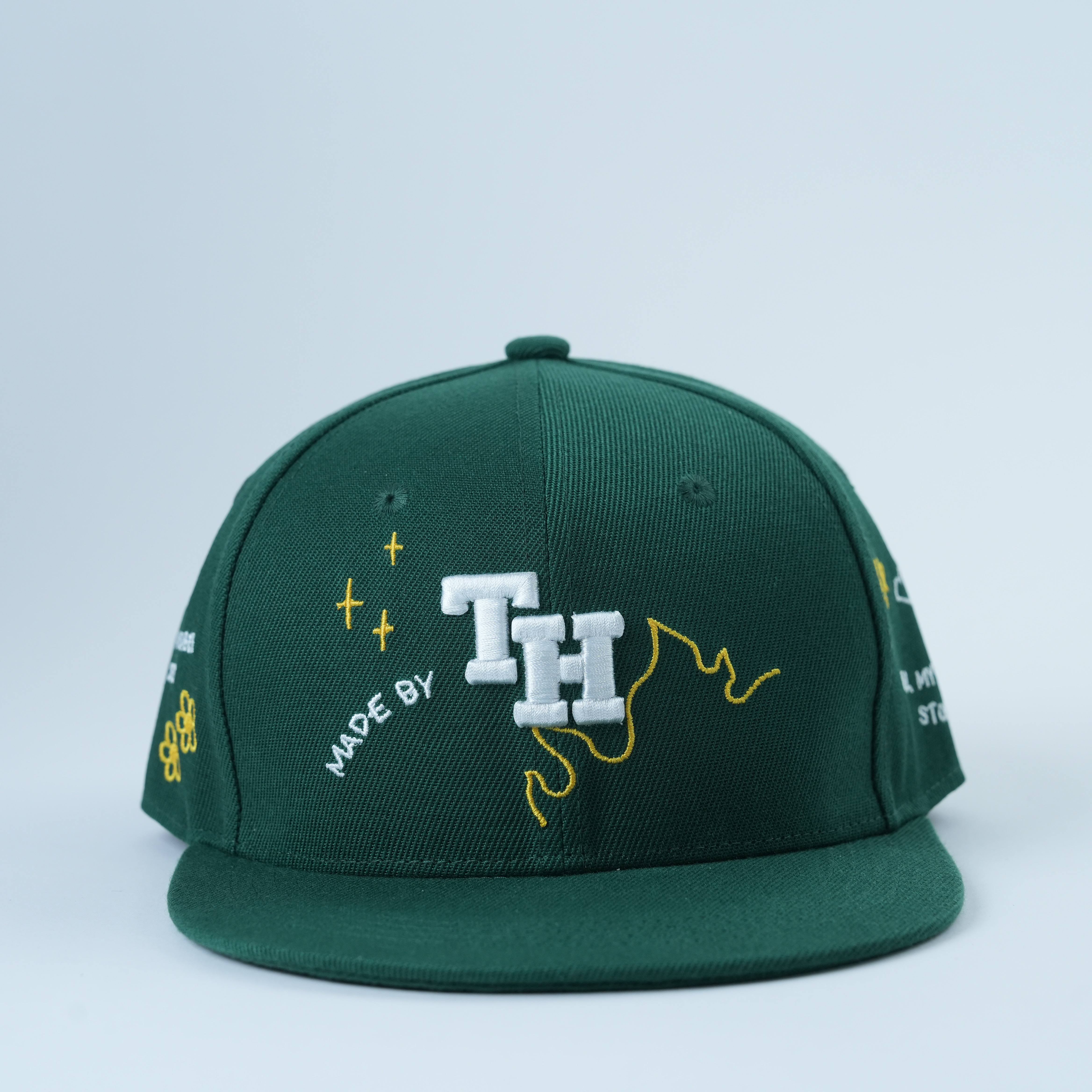 Dark Green Flat Brim Snapback Cap with 3D Letter Embroidery