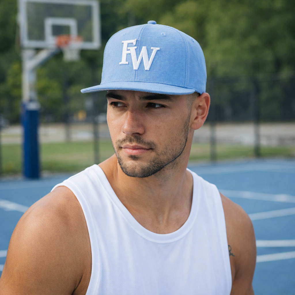 Light Blue Embroidered Logo Flat Brim Snapback Cap