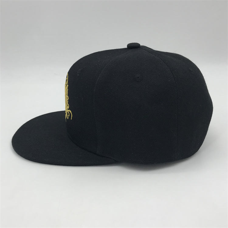 Black 6 Panel Gold Embroidered Logo Flat Brim Snapback Cap