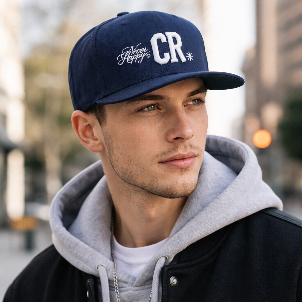 Navy Blue CR Embroidered Flat Brim Snapback Cap with Script Detail