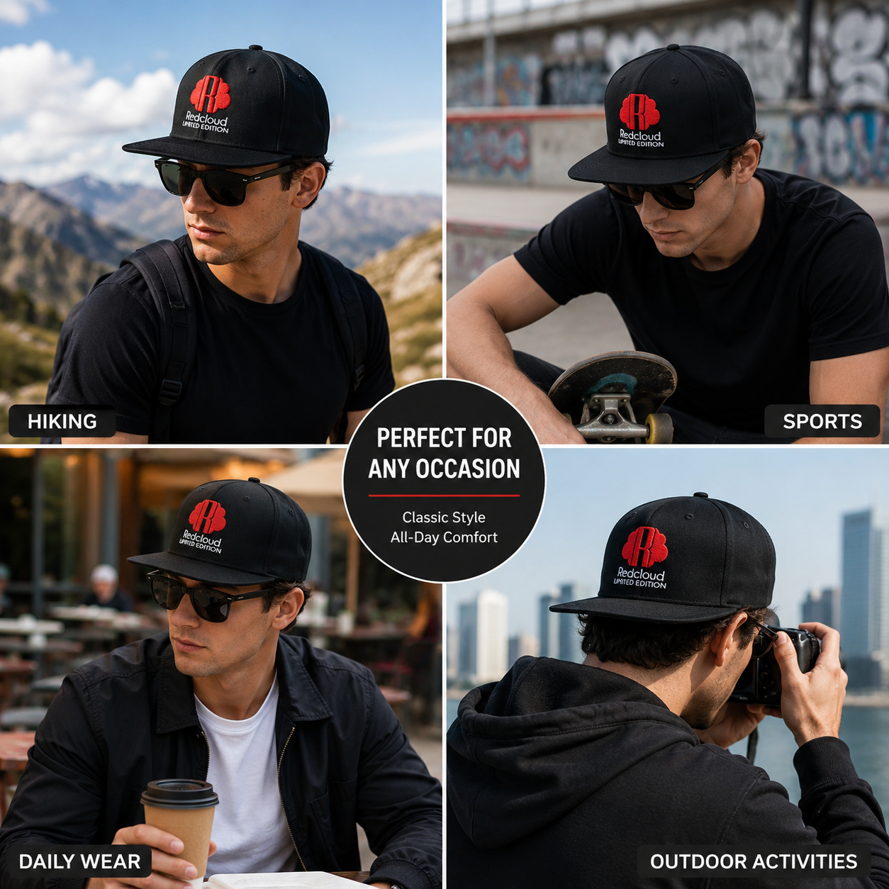 Black Six-Panel Flat Brim Snapback Cap with Redcloud Embroidery