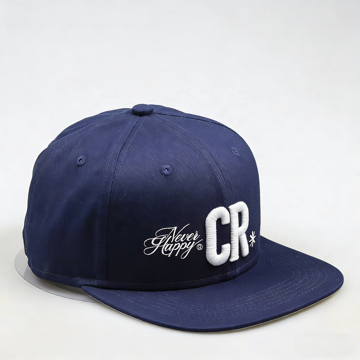 Navy Blue CR Embroidered Flat Brim Snapback Cap with Script Detail