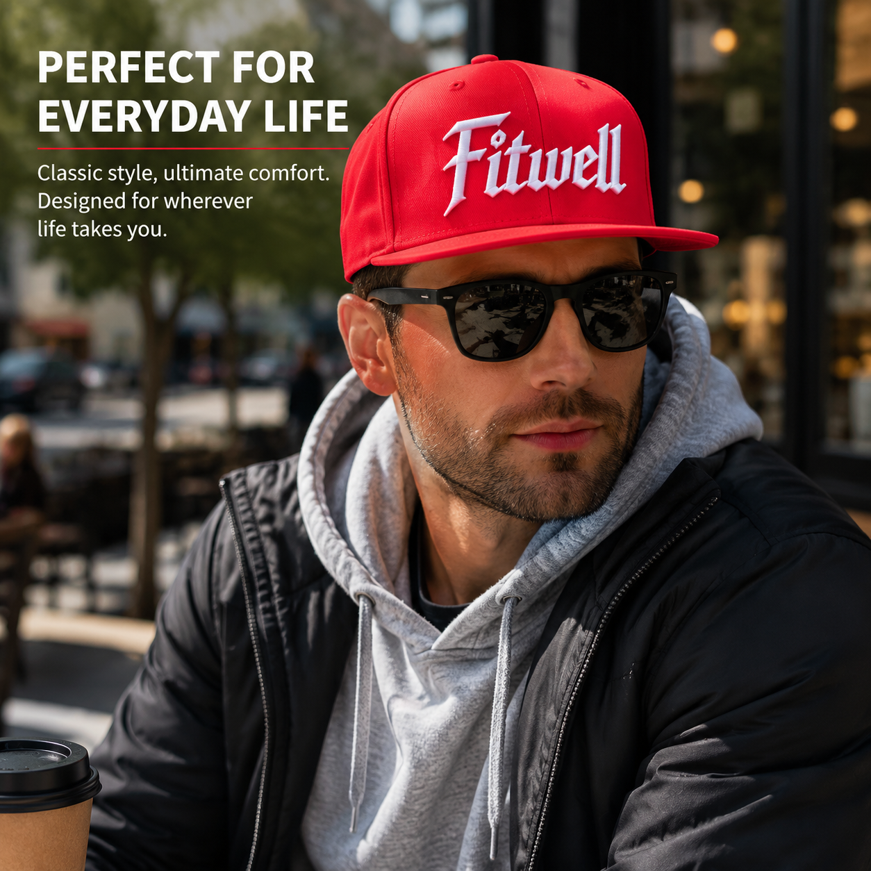Red 6 Panel Embroidered Flat Brim Snapback Cap