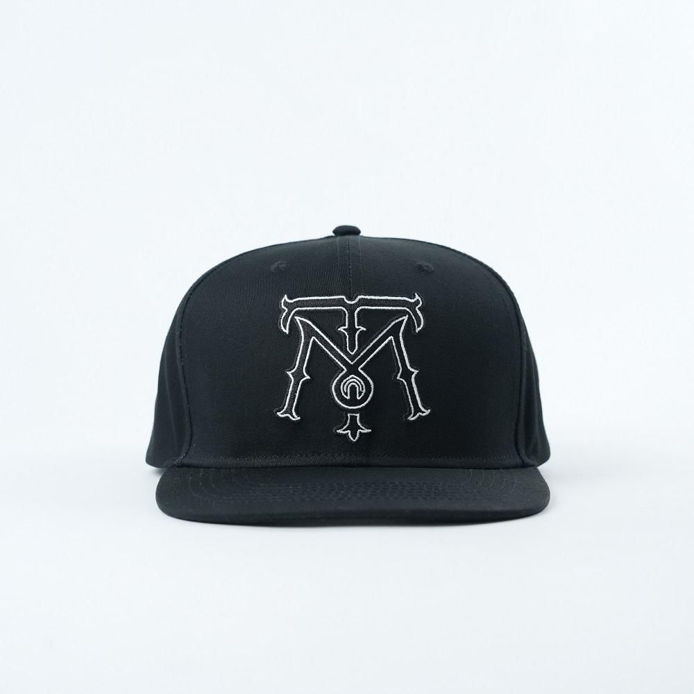 Black Six-Panel Flat Brim Snapback with White Outline Embroidery