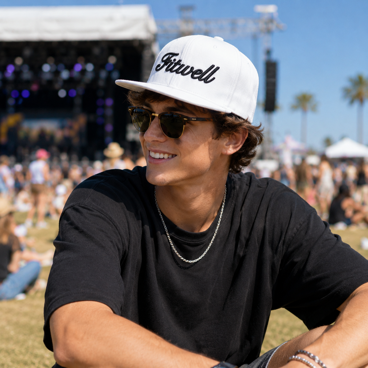 White Flat Brim Snapback Cap with Black Script Embroidered Logo