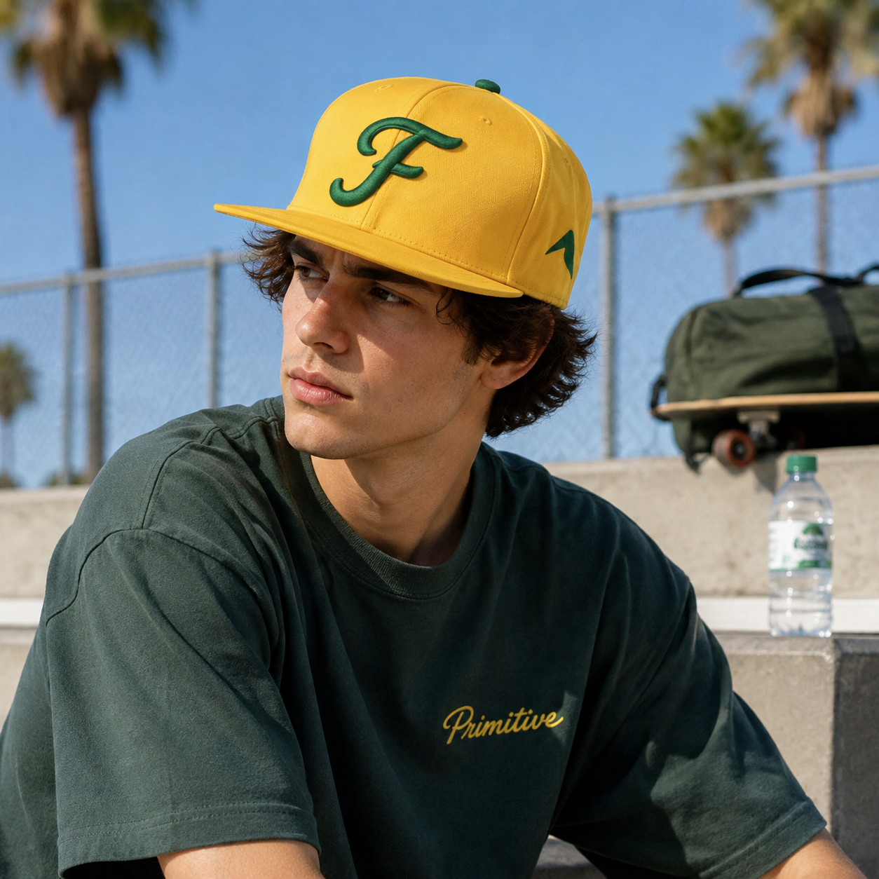 Yellow Flat Brim Snapback Cap with Green Raised Embroidered Logo and Streetwear Style Design