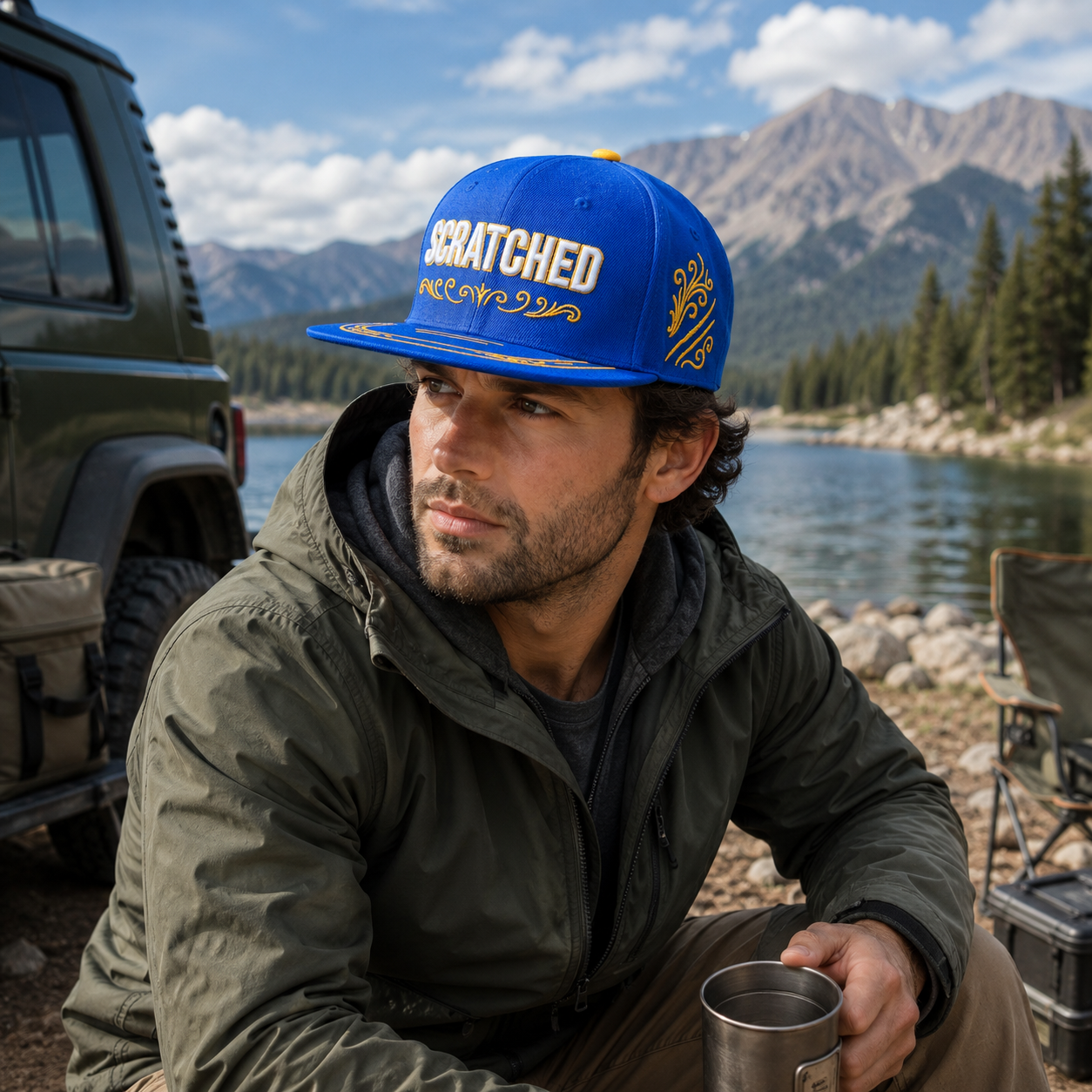 Scratched Blue Embroidered Flat Brim Snapback Hat