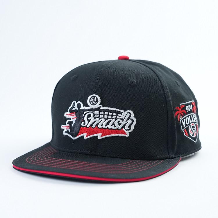 Black and Red Embroidered Flat Brim Snapback Cap