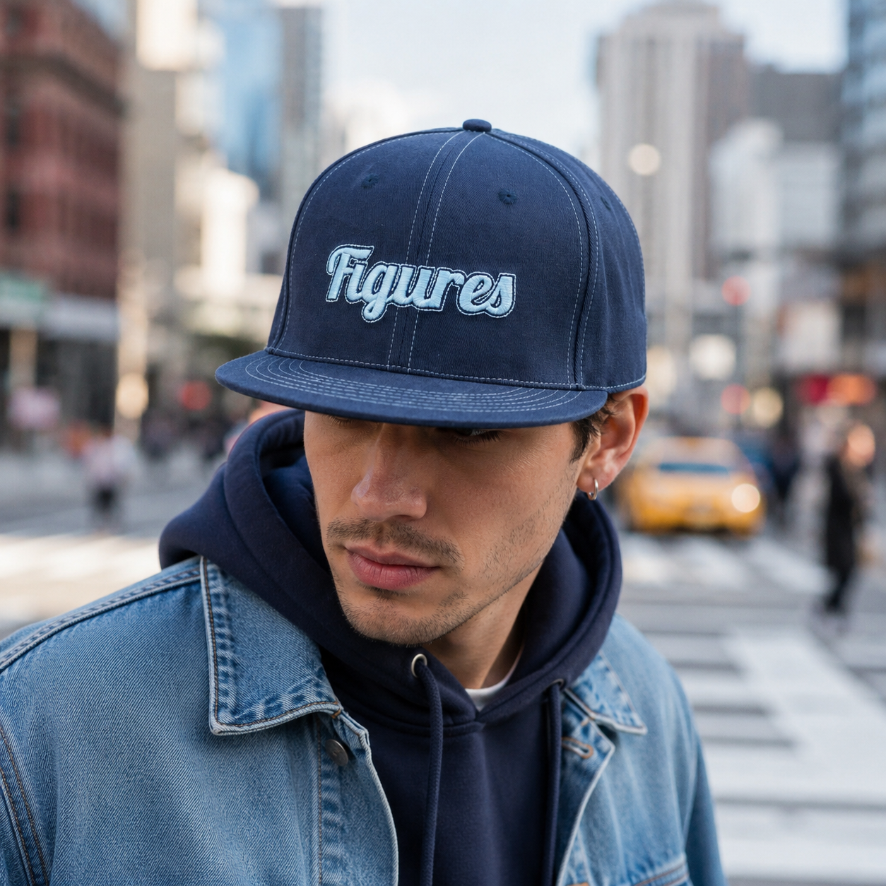 Navy Figures Embroidered Flat Brim Snapback Cap