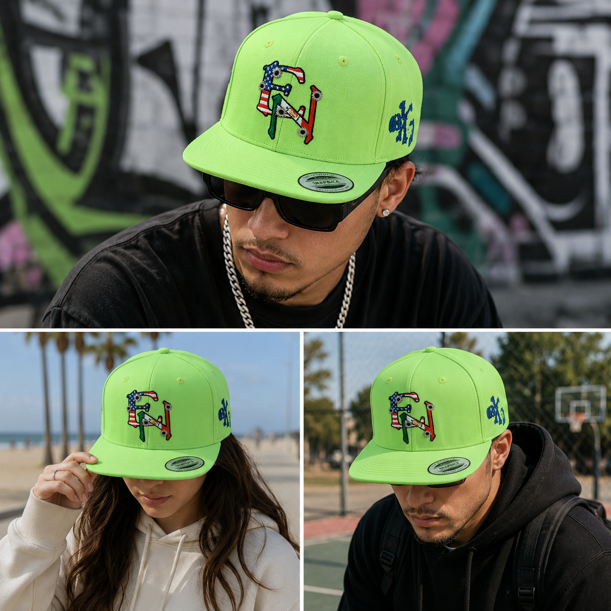 Neon Green Embroidered Flat Brim Snapback Cap