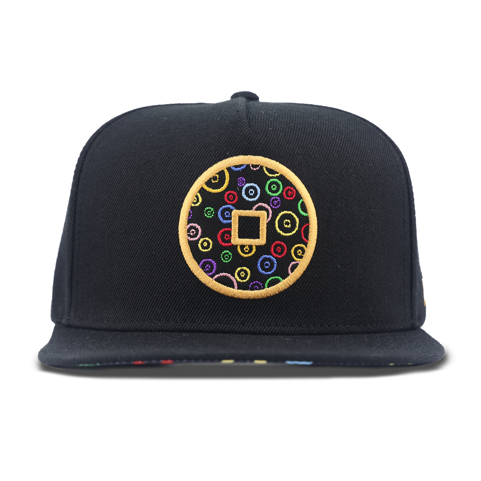 Black Circular Multicolor Embroidered Snapback Hat