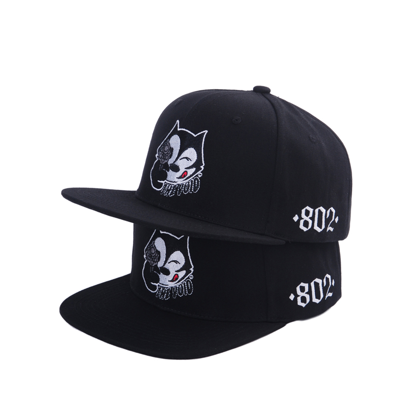 Black Six-Panel Flat Brim Snapback Cap with Front Character Embroidery and Side Number Detail