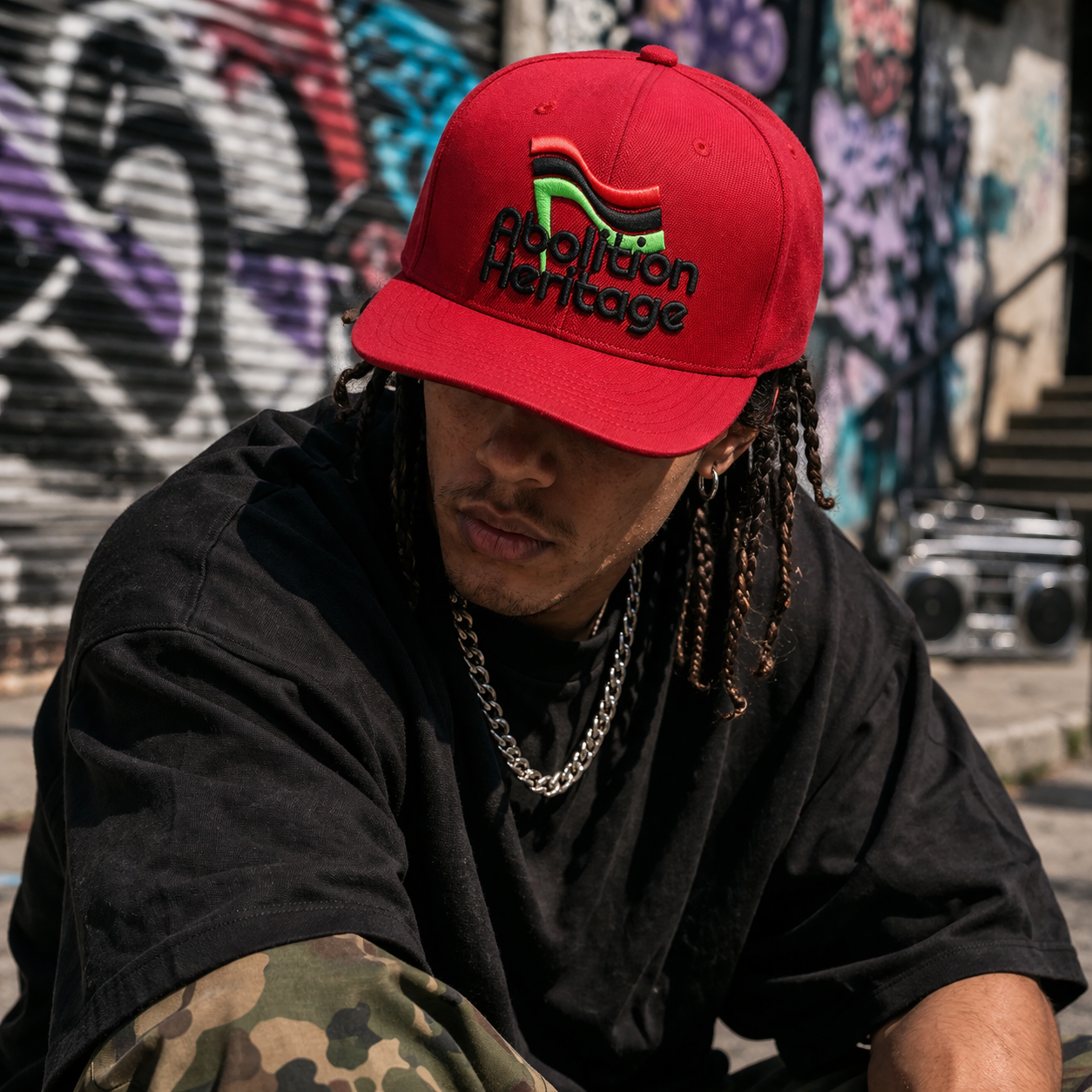 Red Embroidered Logo Flat Brim Snapback Cap with Adjustable Closure