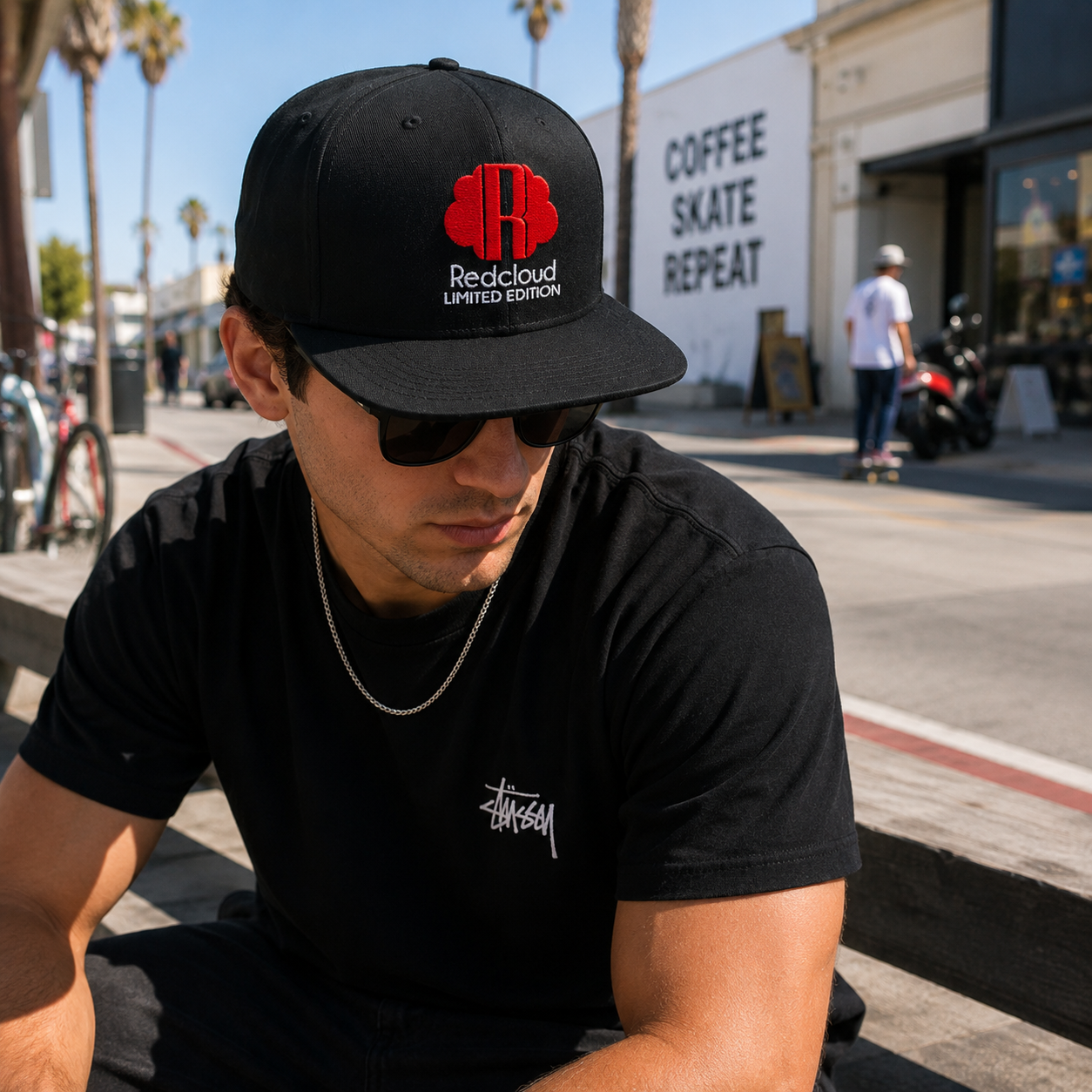 Black Six-Panel Flat Brim Snapback Cap with Redcloud Embroidery