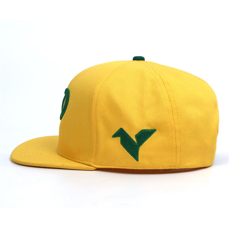 Yellow Flat Brim Snapback Cap with Green Raised Embroidered Logo and Streetwear Style Design