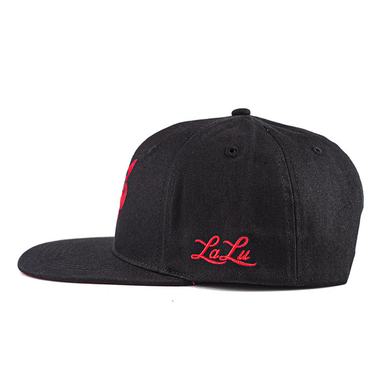 Black Six-Panel Flat Brim Snapback Cap with Red Graphic Embroidery
