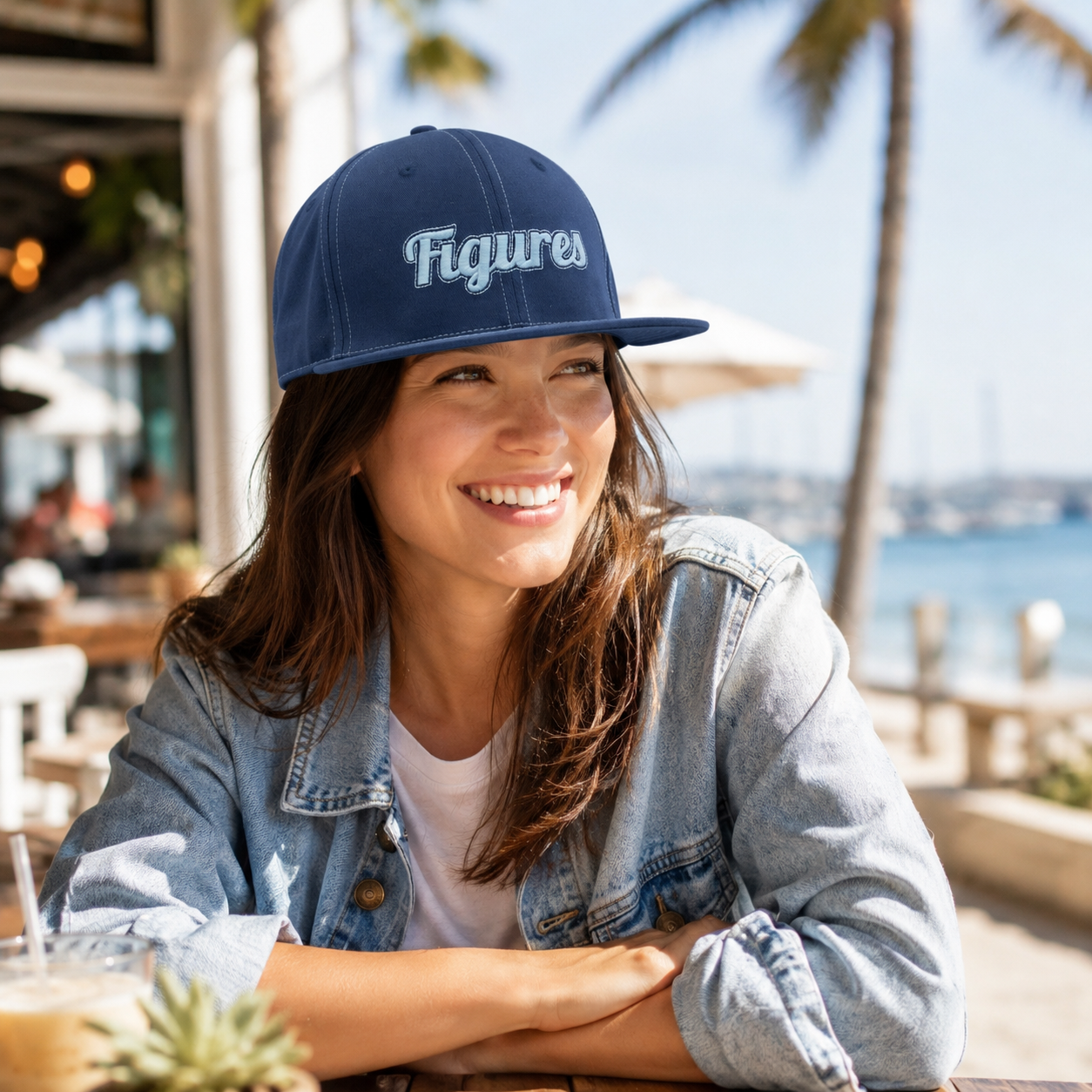 Navy Figures Embroidered Flat Brim Snapback Cap
