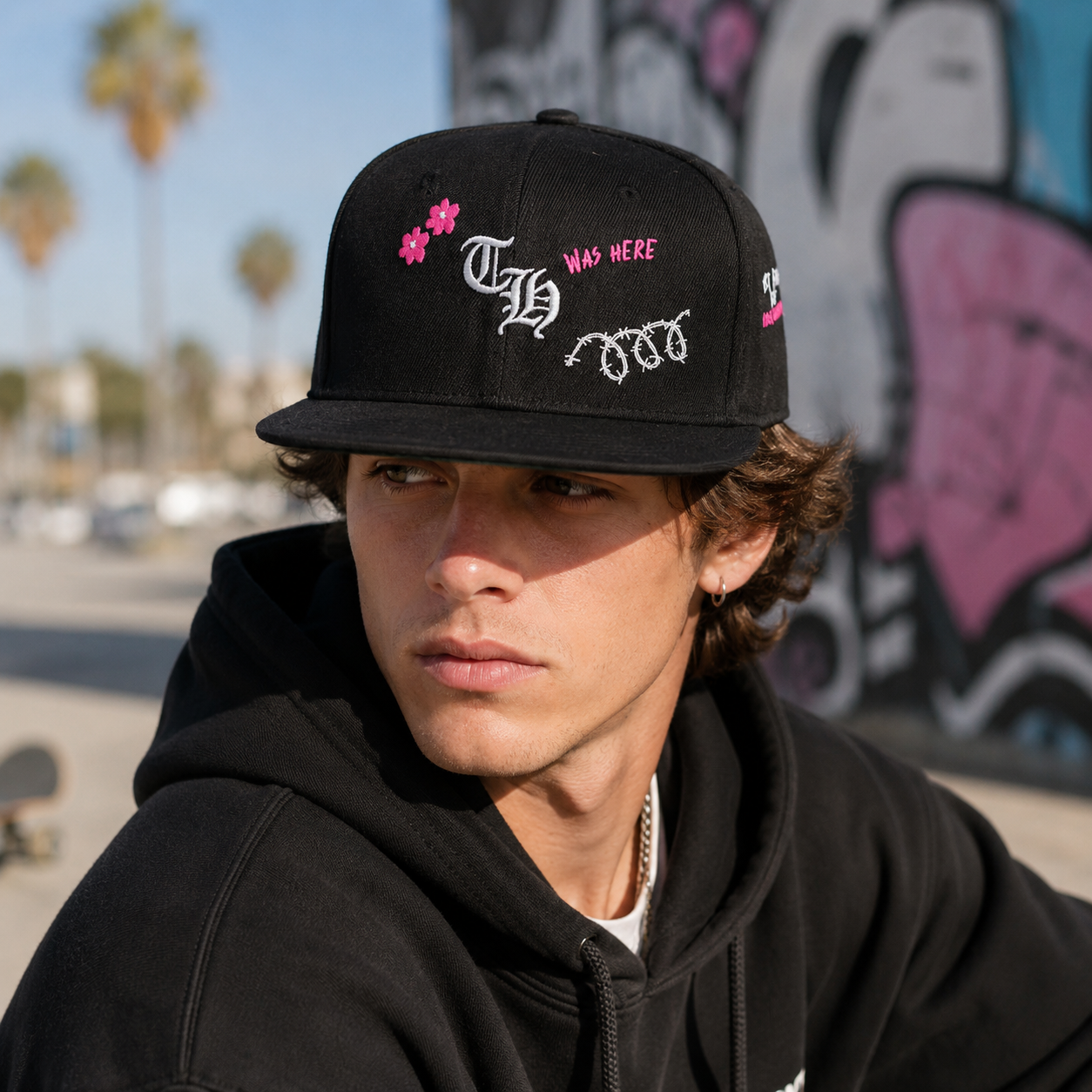 Black Floral Gothic Embroidered Flat Brim Snapback Cap