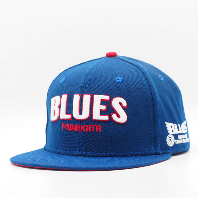 Blue 6-Panel Flat Brim Snapback Cap with Raised Embroidery