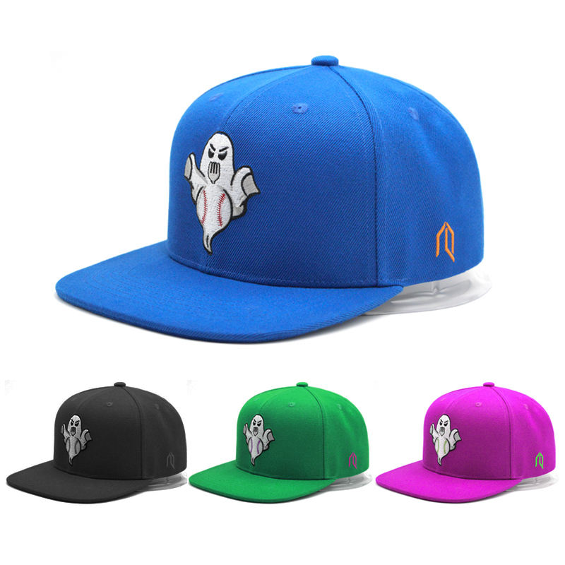 Blue 6 Panel Snapback Cap with Ghost Baseball Embroidery