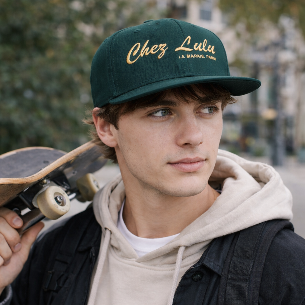 Green 6 Panel Snapback Cap with Embroidered Script Logo