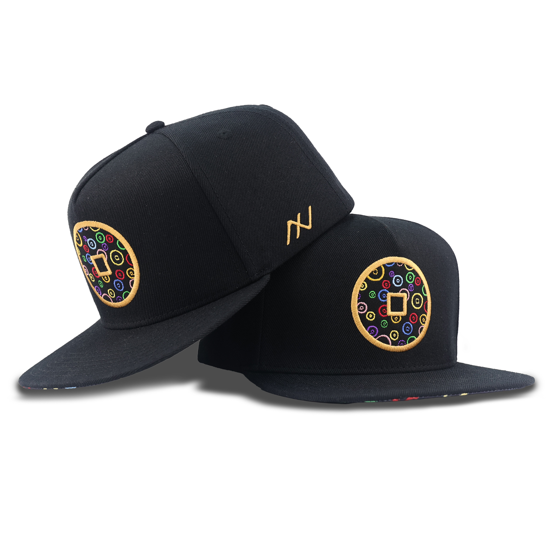 Black Circular Multicolor Embroidered Snapback Hat